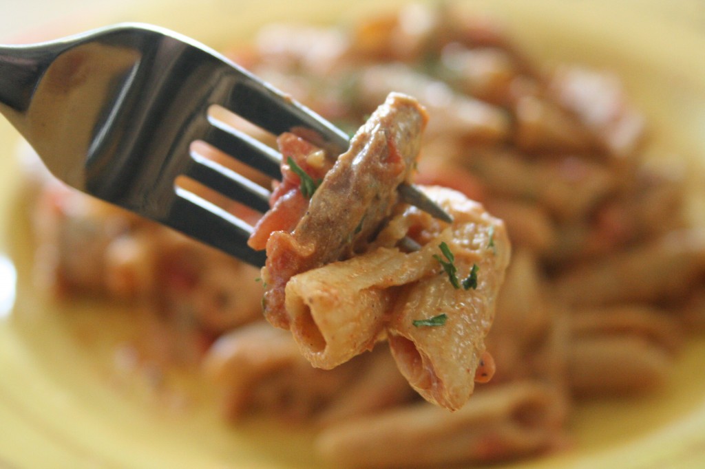 spice things up. [whole grain penne pasta w. turkey sausage & tomato