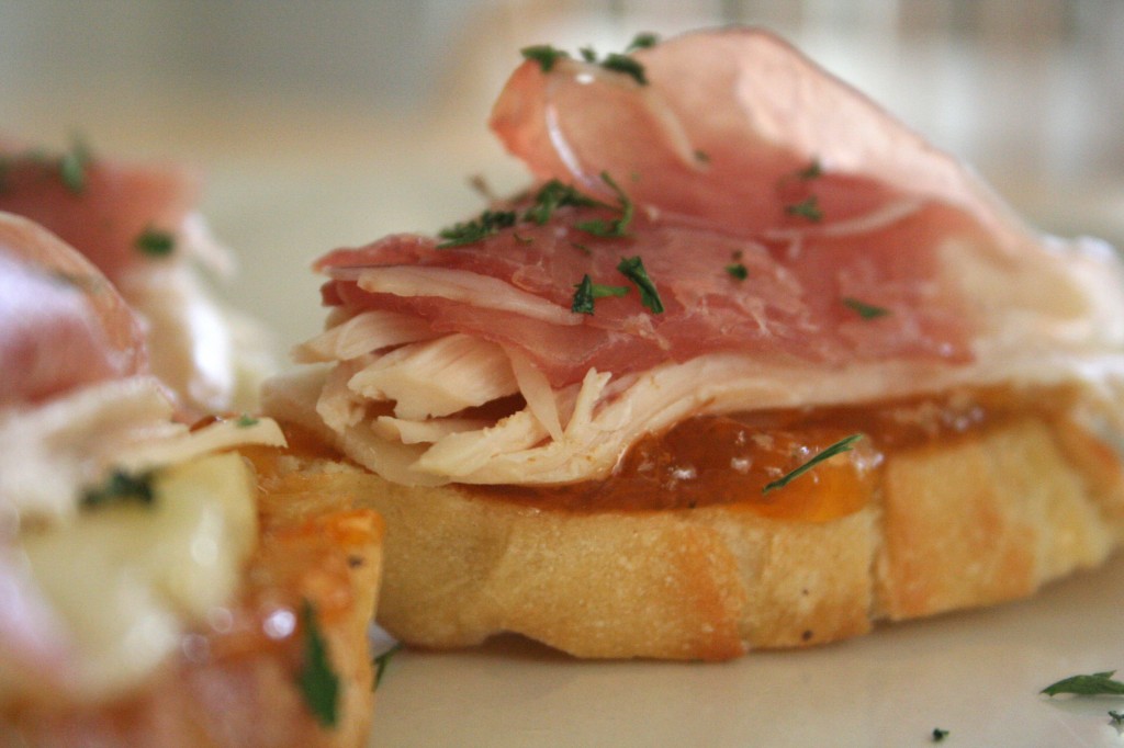 spring flavors. [bruschetta w. apricot, roasted chicken